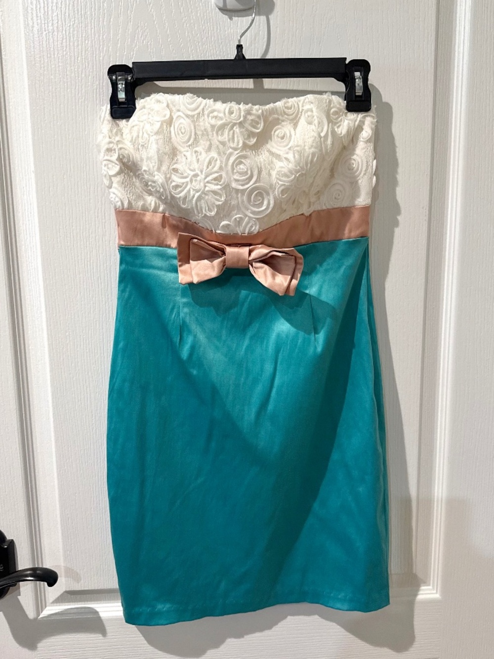 Mystic Blue and White Strapless Sweetheart Mini Cocktail Dress with Bow Sz M
